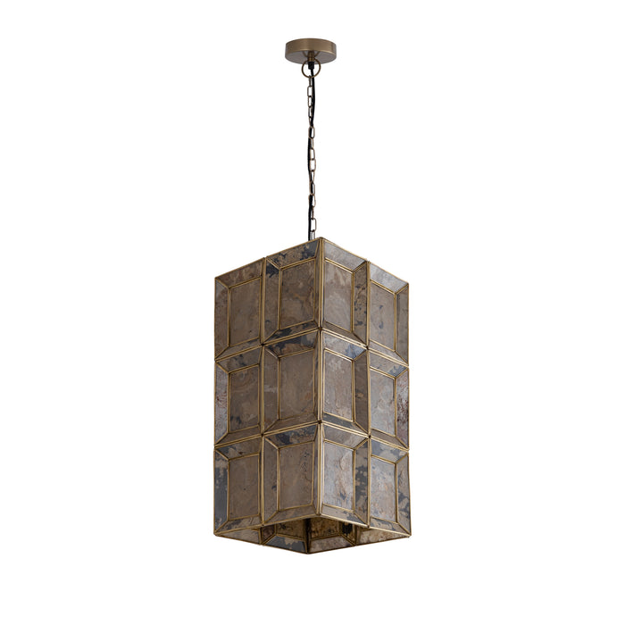 PTMD Layra hanglamp van 45 cm met messing frame en decoratieve glazen panelen in een rechthoekig design.