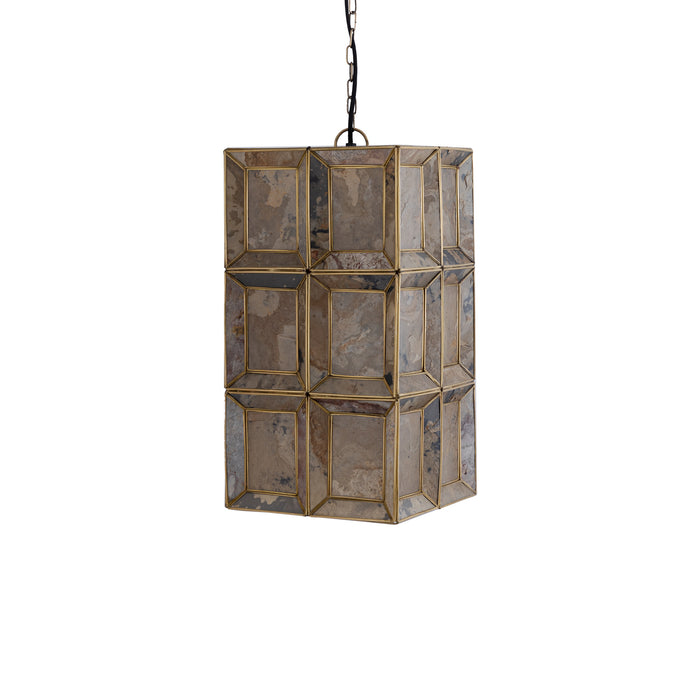 PTMD Layra hanglamp van 45 cm met messing frame en decoratieve glazen panelen in een beige kleur.