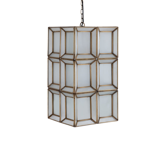 PTMD Layra hanglamp van wit melkglas met antiek metalen frame, 24x24x45 cm.