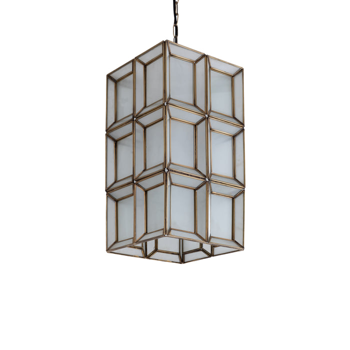 PTMD Layra hanglamp van wit melkglas met een antiek metalen frame, afmeting 24x24x45 cm.
