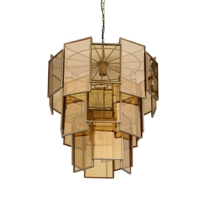 PTMD Loucas hanglamp van messingkleurig metaal en geel glas, 56x56x72 cm met een gelaagd geometrisch design.