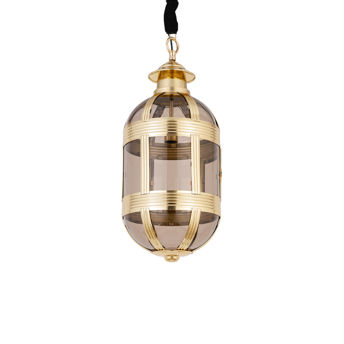 Ovale PTMD hanglamp Mikk van 71 cm met geel glas en een messingkleurig metalen frame.