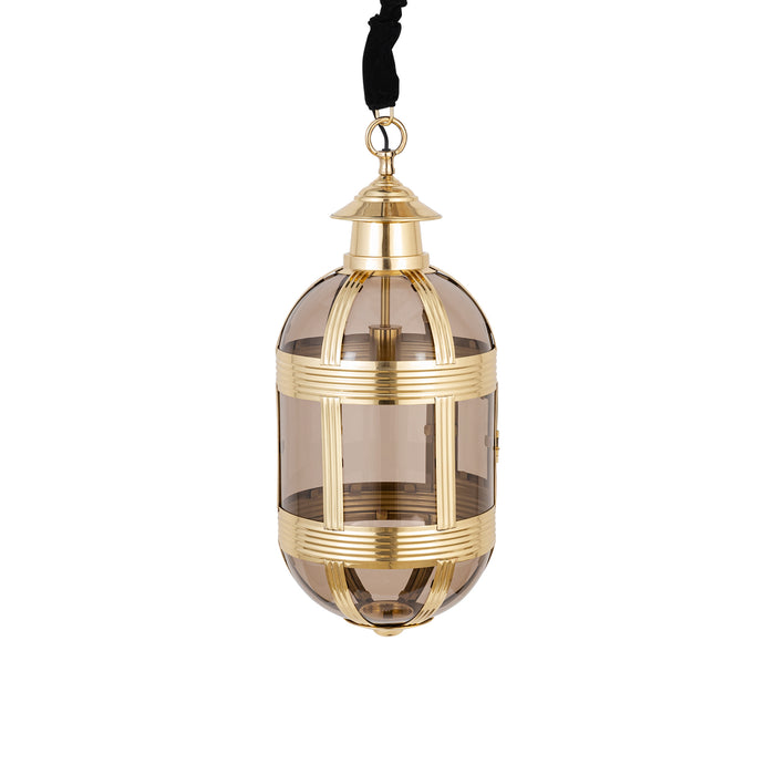 Ovale PTMD hanglamp Mikk van 71 cm met goudkleurig messing frame en transparant glas.