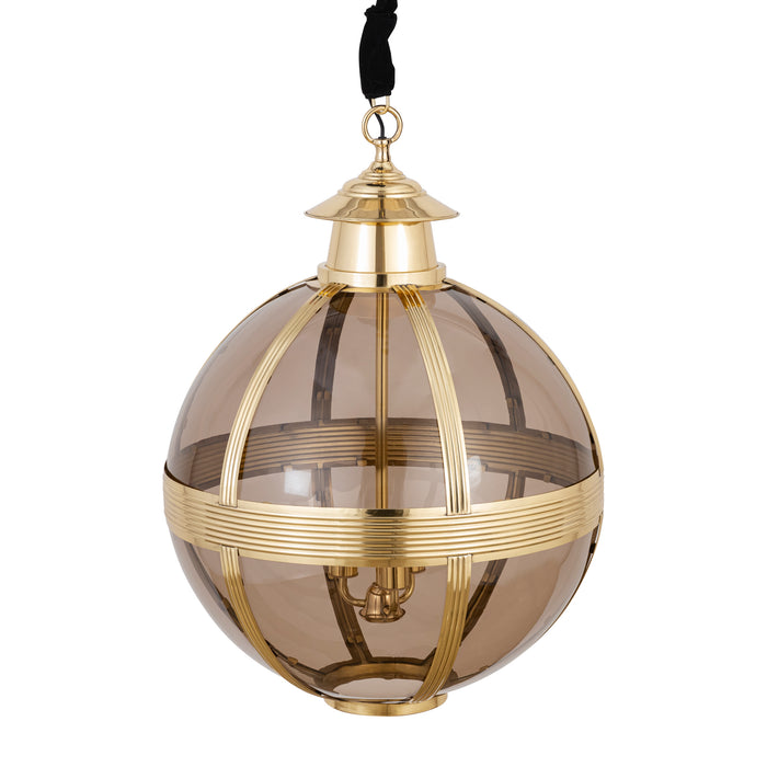 Grote ronde PTMD hanglamp van goudkleurig messing en glas, 66x66x91 cm, met een stijlvol en decoratief bolvormig design.