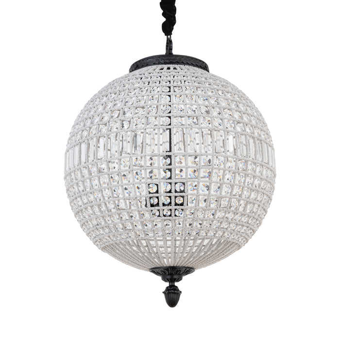 Tijdloze hanglamp van PTMD in bolvorm met grijs metaal en kristalglas, 65x65x85 cm.