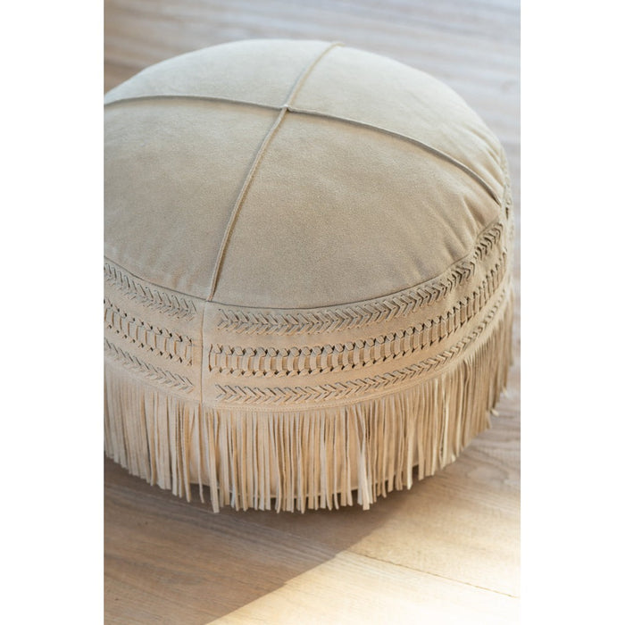 Hassock Tassels Rond Leer Light Grey-Poefs-J-Line