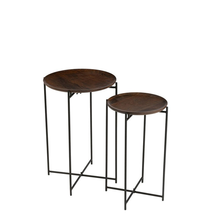 J-Line Set Van 2 bijzettafels rond ijzer/mangohout bruin/zwart-Bijzettafels-J-Line