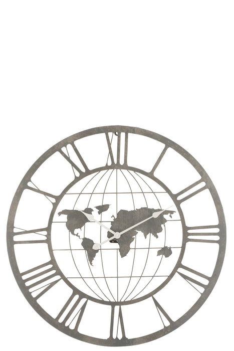 Klok Romeinse cijfers World Map Metaal Grijs 80x80x3.5 cm-Klokken-J-Line