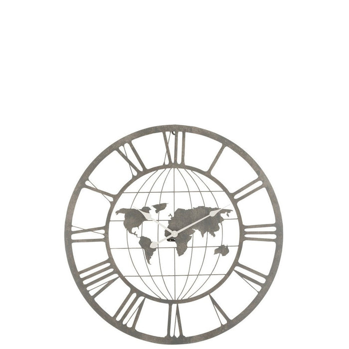 Klok Romeinse cijfers World Map Metaal Grijs-Wanddecoratie-J-Line