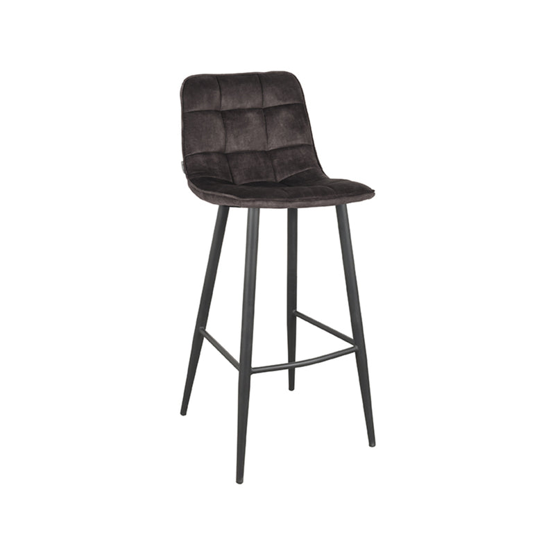 LABEL51 Jelt barkruk in antraciet velours met blokstiksels en zwart metalen frame, 107 cm hoog.