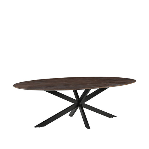 Ovale LABEL51 James eettafel van 240 cm in espresso mangohout met een zwart metalen onderstel.