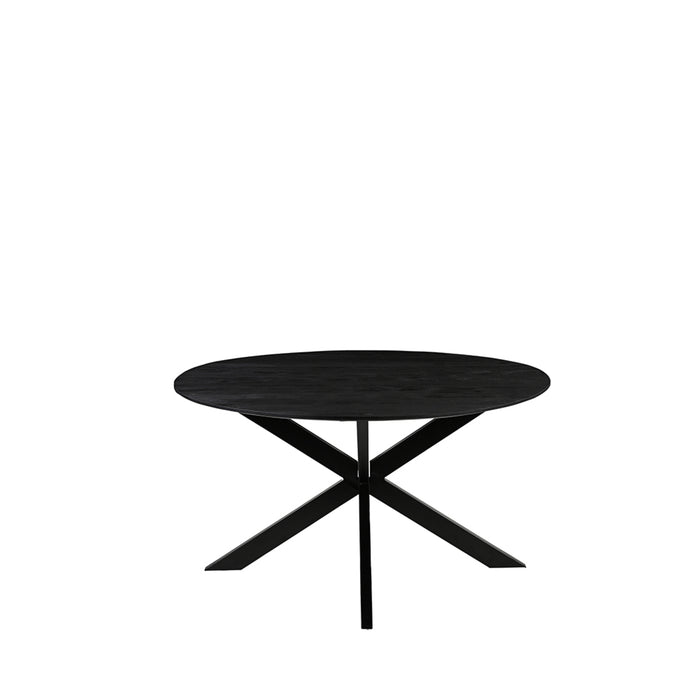Ronde zwarte eettafel Otis van 130 cm gemaakt van mangohout met een stijlvol kruispoot onderstel.