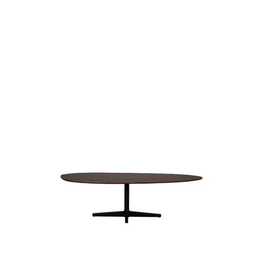 Ovale eettafel Rosie van 180x100 cm met espresso mangohouten blad en een zwarte centrale metalen poot.