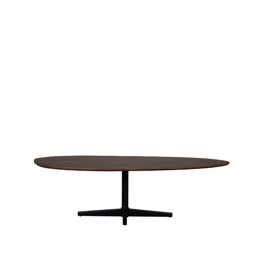 LABEL51 eettafel Rosie van espresso mangohout met ovaal blad en zwart metalen centraal onderstel (260x110 cm).