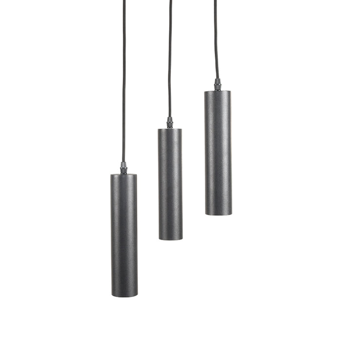 LABEL51 Ferroli 3-lichts hanglamp met zwarte cilindervormige metalen pendels op verschillende hoogtes.