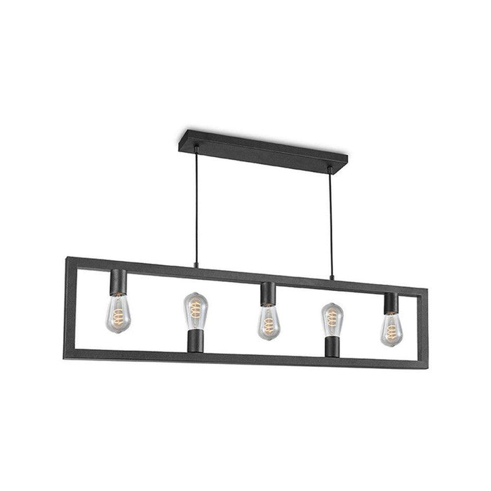 Zwarte rechthoekige hanglamp Quadrato van metaal met vijf E27 lichtpunten, 135 cm breed.