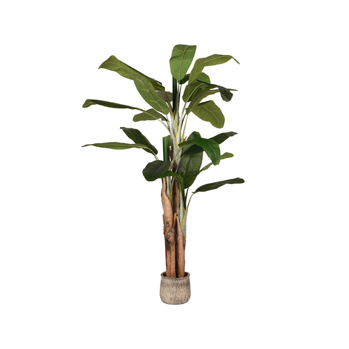 LABEL51 kunstplant Musa van 180 cm met grote groene bladeren en realistische stam in een zwarte kunststof pot.