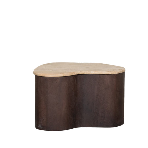 LABEL51 Davi salontafel met organisch travertin blad en espresso gezandstraald mangohouten onderstel, 50x35x31 cm.