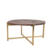 Ronde salontafel Dox van espresso mangohout met een goudkleurig metalen kruisframe, 70 cm diameter.