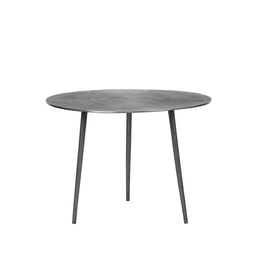 LABEL51 Nobby ronde salontafel van 60 cm in grijs metaal met een gestructureerd tafelblad op drie slanke poten.