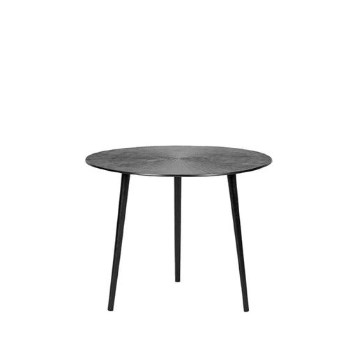 Ronde zwarte LABEL51 salontafel Nobby van 50 cm met gegraveerd metalen blad en uitlopende poten.