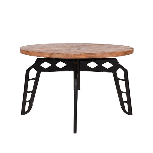 LABEL51 ronde salontafel van 80 cm met robuust mangohouten blad en zwart metalen onderstel.