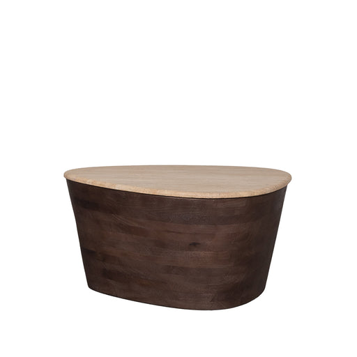 LABEL51 Ravi salontafel met espresso travertin blad en donkerhouten onderstel, 70 cm breed.
