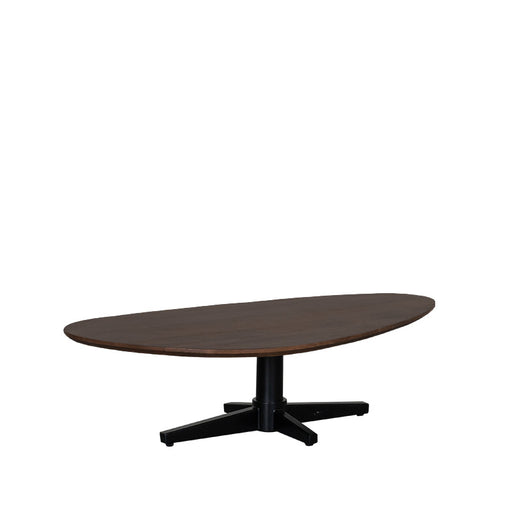 LABEL51 Rosie salontafel van espresso mangohout met ovaal blad en zwart metalen onderstel, 140x75x36 cm.