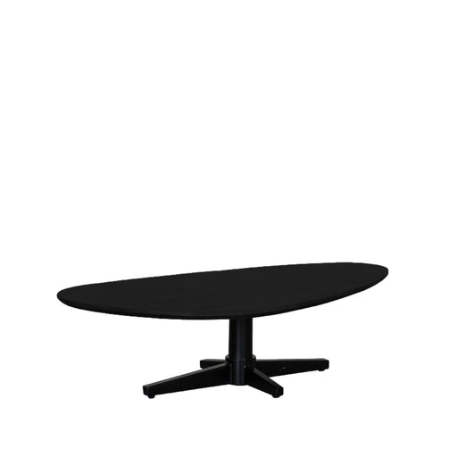 Zwarte LABEL51 salontafel Rosie van 140 cm in mangohout met een organisch gevormd blad en een stevig kruispoot onderstel.