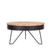 Ronde salontafel Saran van 80 cm met mangohouten blad en zwart metalen frame op drie poten.
