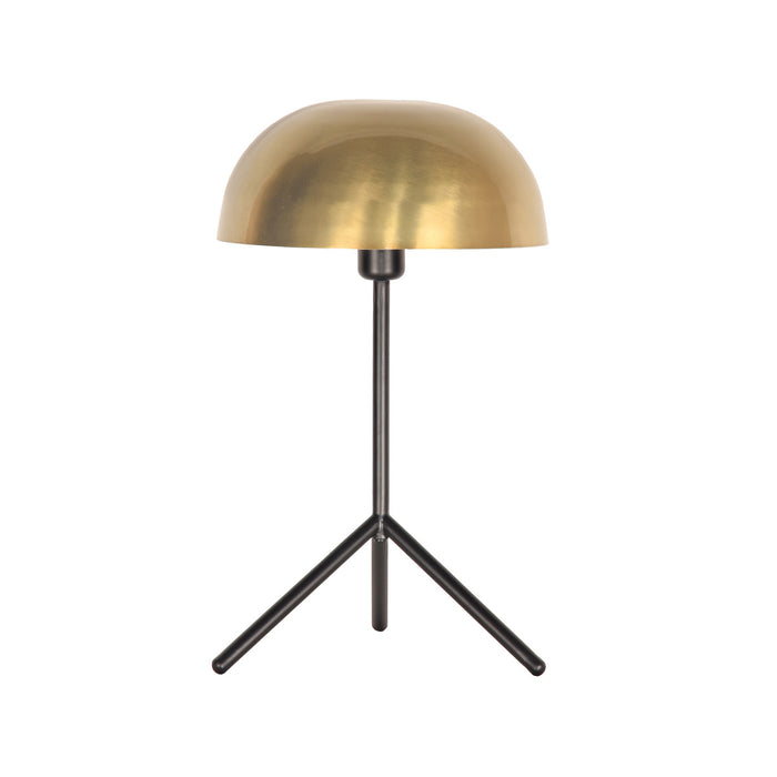 LABEL51 Globe tafellamp in antiek goud metaal met een ronde kap en slank zwart driepoot onderstel.