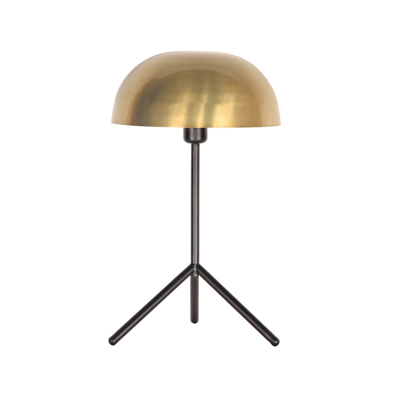 LABEL51 Globe tafellamp in antiek goud metaal met een ronde kap en slank zwart driepoot onderstel.