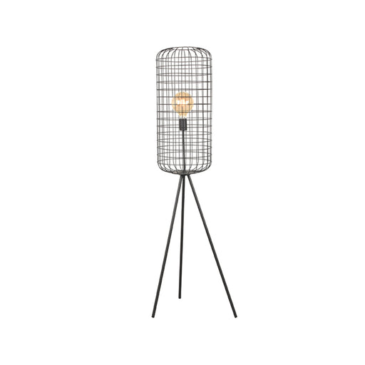 LABEL51 Solido vloerlamp van zwart metaal met een cilindervormige draadkap en driepootstatief, 146 cm hoog.