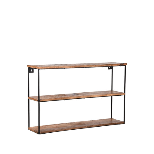 LABEL51 wandrek met drie planken van rough mangohout en een zwart metalen frame, 80x20x50 cm.