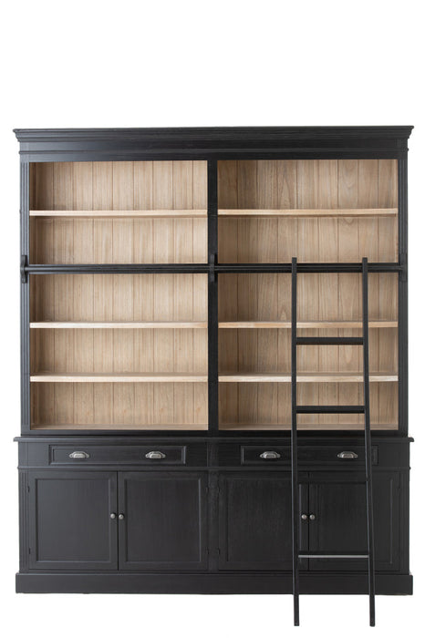 Library Cabinet+Ladder Wood Black/Natural-Boekenkasten-J-Line