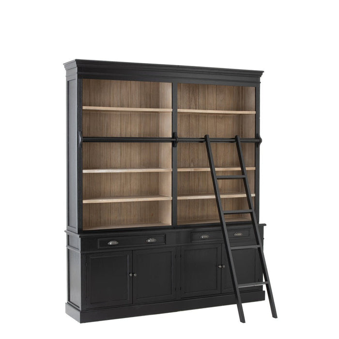 Library Cabinet+Ladder Wood Black/Natural-Boekenkasten-J-Line