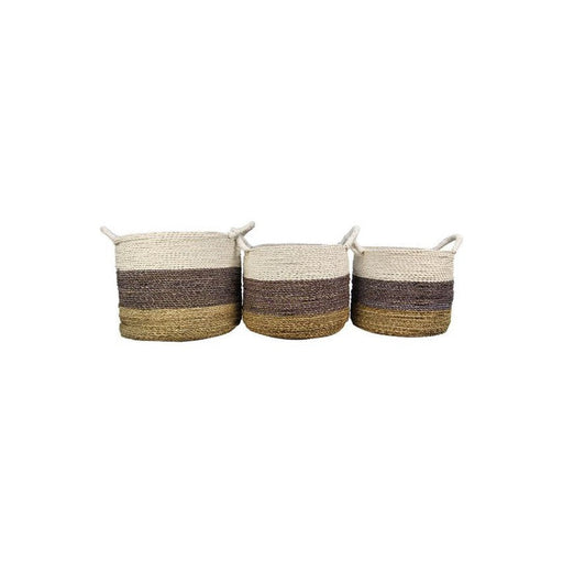 Mandenset Malibu - naturel/paars/wit - raffia/zeegras - set van 3-Decoratieve manden-HSM Collection