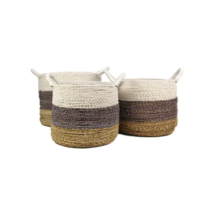 Mandenset Malibu - naturel/paars/wit - raffia/zeegras - set van 3-Decoratieve manden-HSM Collection