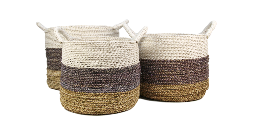 Mandenset Malibu - naturel/paars/wit - raffia/zeegras - set van 3-Decoratieve manden-HSM Collection