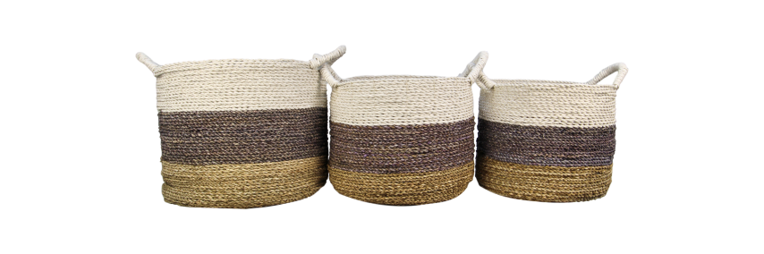 Mandenset Malibu - naturel/paars/wit - raffia/zeegras - set van 3-Decoratieve manden-HSM Collection