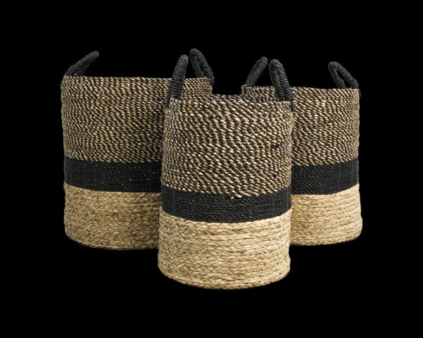 Mandenset Malibu - zwart/naturel - waterhyacint - set van 3-Opbergdozen en manden-HSM Collection
