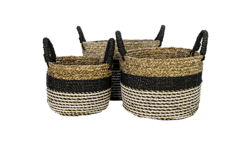 Mandenset Malibu - zwart/naturel/wit - raffia/zeegras - set van 3-Opbergdozen en manden-HSM Collection