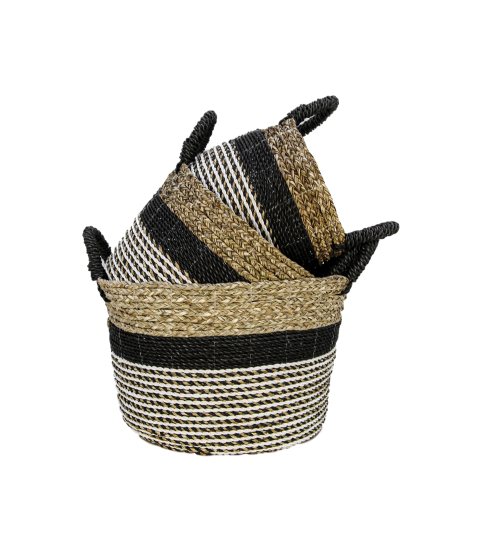 Mandenset Malibu - zwart/naturel/wit - raffia/zeegras - set van 3-Opbergdozen en manden-HSM Collection