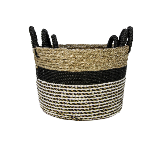 Mandenset Malibu - zwart/naturel/wit - raffia/zeegras - set van 3-Opbergdozen en manden-HSM Collection