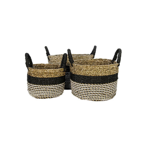 Mandenset Malibu - zwart/naturel/wit - raffia/zeegras - set van 3-Opbergdozen en manden-HSM Collection