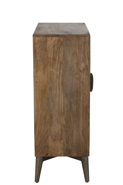 Bruine opbergkast van mangohout met slanke metalen poten, 45x90x113 cm.