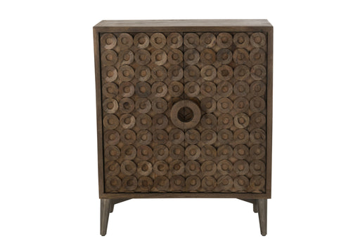 Bruine opbergkast van mangohout met decoratief cirkelpatroon op de deuren, 45x90 cm.