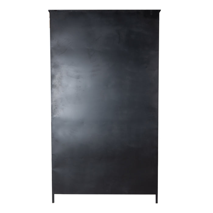 PTMD Elina opbergkast in zwart ijzer met een strak, minimalistisch design en een solide metalen achterwand.