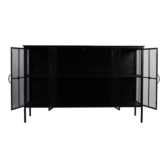 Zwarte PTMD opbergkast van ijzer met glazen deuren, 41x140 cm, in een modern industrieel design.