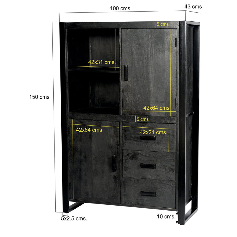 Opbergkast Kast Norris Mangohout Zwart 100x43x150 cm-Opbergkasten-Livingfurn